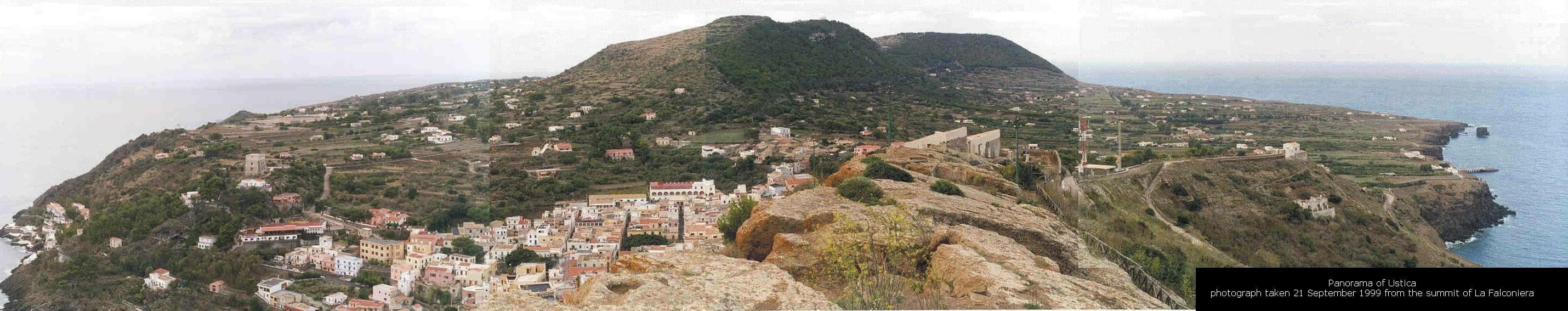 The village of Ustica and its coastline, seen from the summit of La Falconiera.